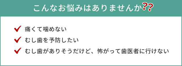 こんなお悩みはありませんか？・痛くて噛めない・むし歯を予防したい・むし歯がありそうだけど、怖がって歯医者に行けない